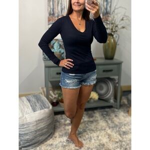 Waffle Thermal V Neck Button Statement Long Sleeve Slimming Shirt Navy Blue 0523